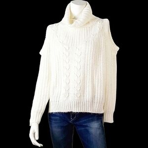 White Cold Shoulder Flutter the Label Cream Chunky Cable Knit Ski Lodge Sweater
